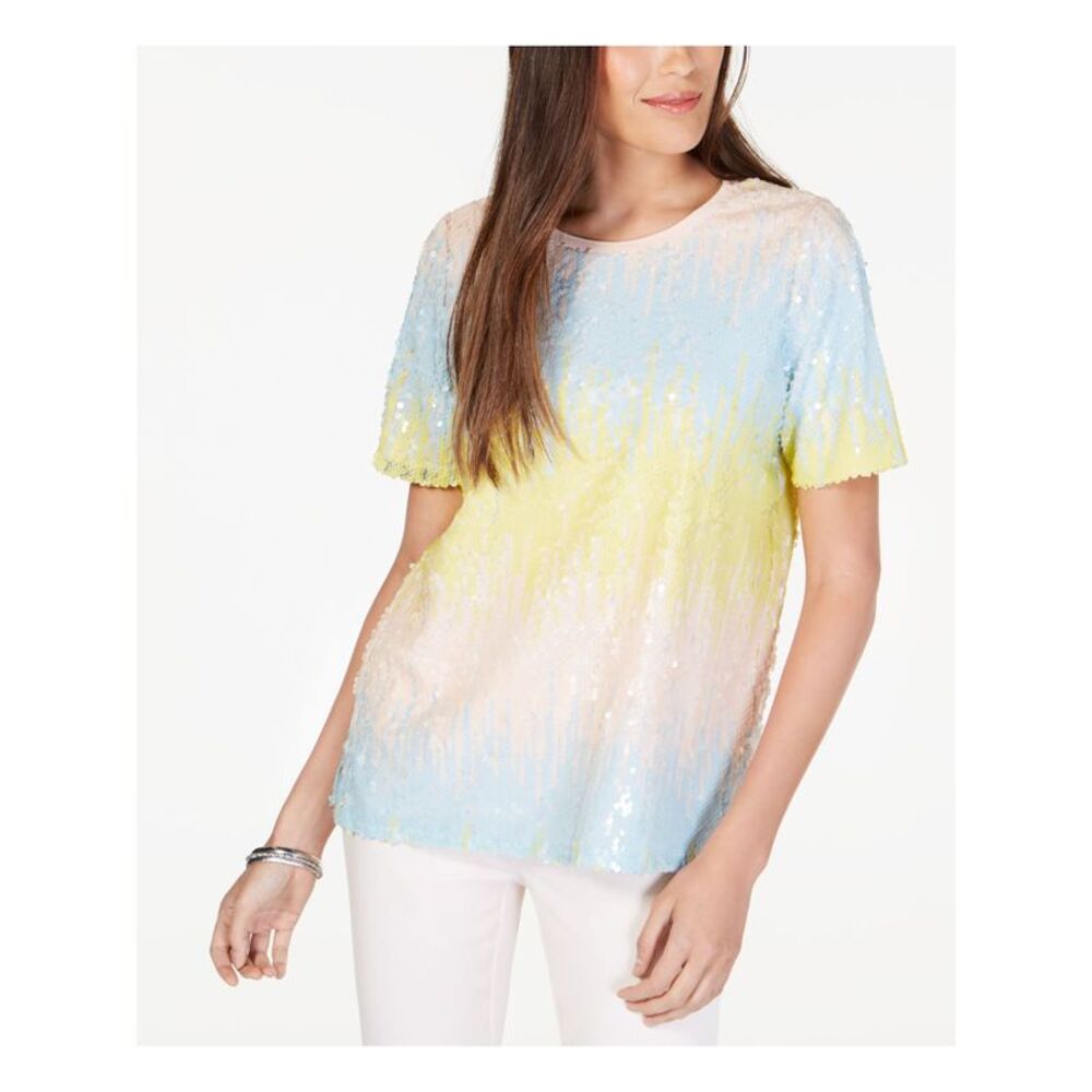 ALFANI Womens Pink Sequined Ombre Short Sleeve Crew Neck Top Size: M
